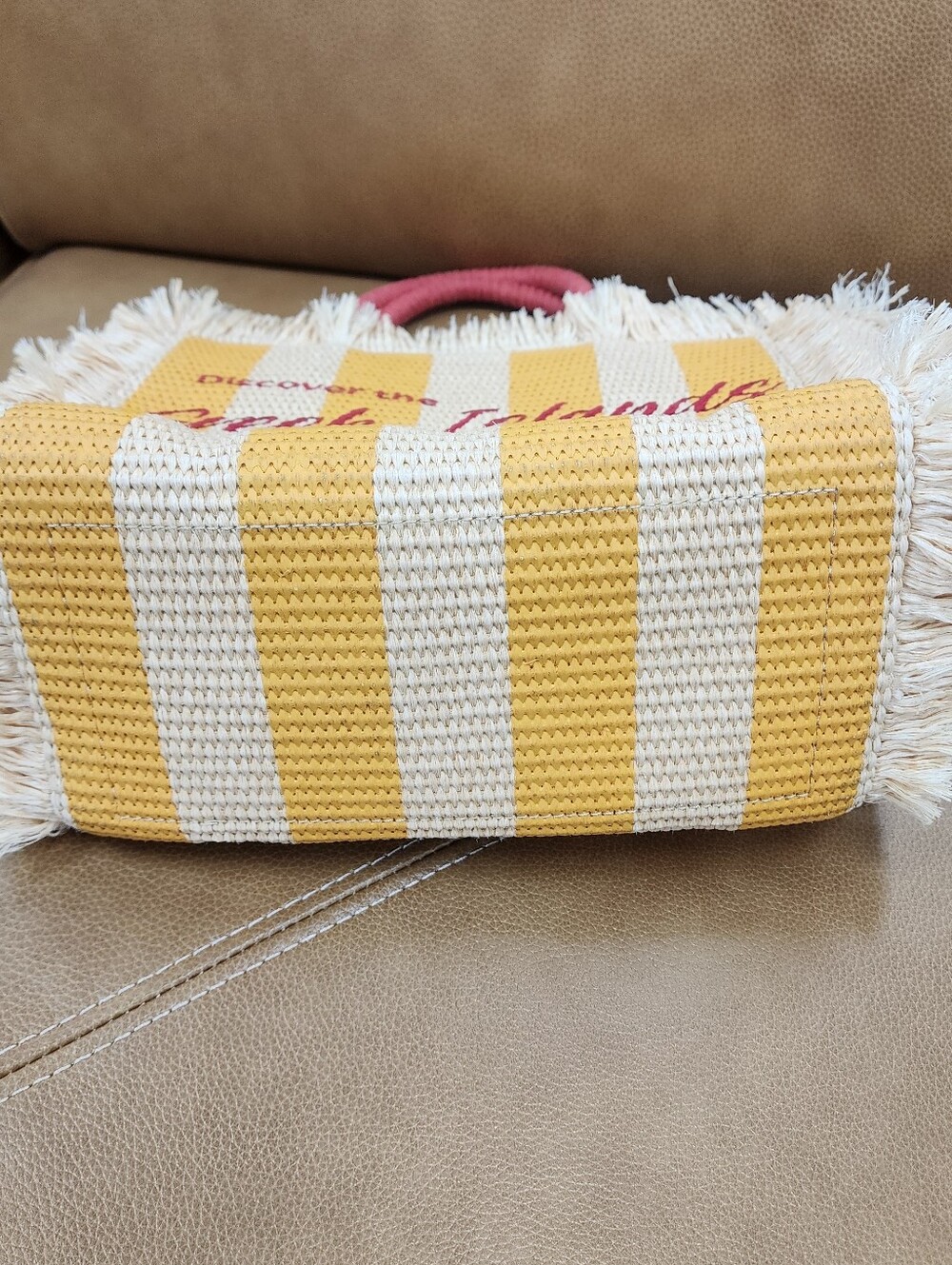 Greek Islands Straw Tote Bag with Yellow Stripes and Pink Accents - Picture 6 of 6